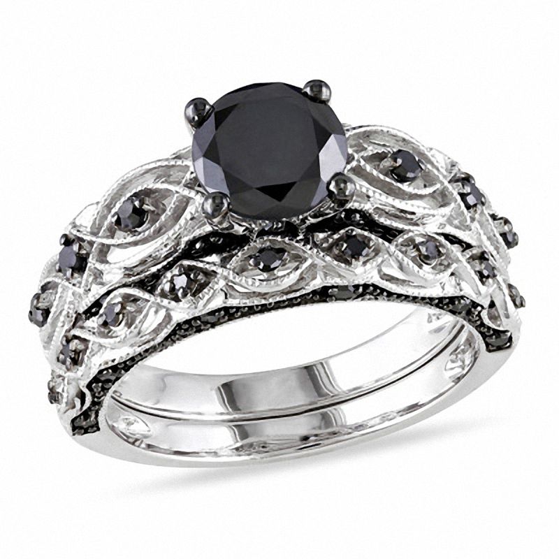 1.40 CT. T.W. Black Diamond Vintage-Style Bridal Set in 10K White Gold|Peoples Jewellers
