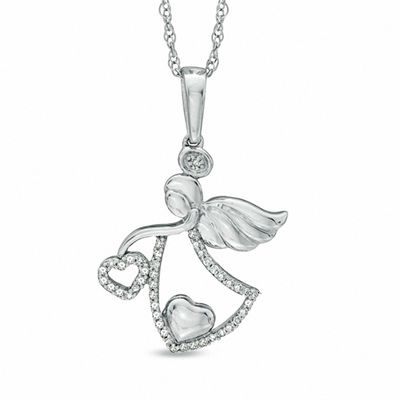 0.13 CT. T.W. Diamond Angel With Heart Pendant in Sterling Silver