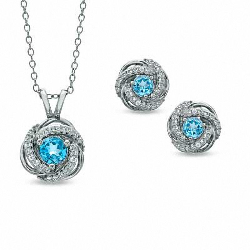 Swiss Blue Topaz and Lab-Created White Sapphire Pendant and Earrings Set in Sterling Silver