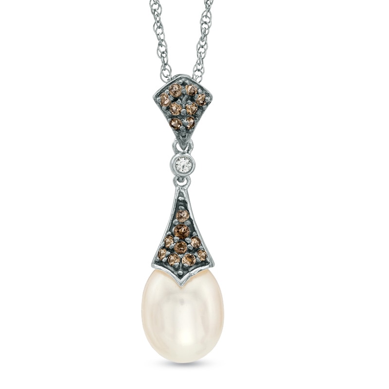 7.5-8.0mm Freshwater Cultured Pearl, Smoky Quartz and Lab-Created White Sapphire Pendant in Sterling Silver