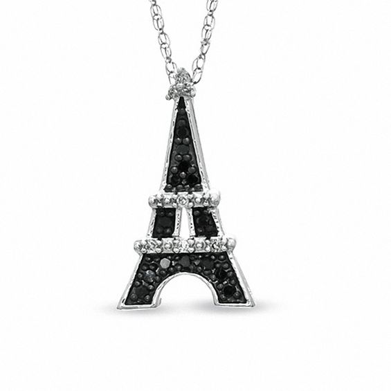 0.09 CT. T.W. Enhanced Black and White Diamond Eiffel Tower Pendant in Sterling Silver