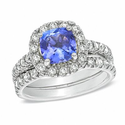 7.0mm Cushion-Cut Tanzanite and 0.98 CT. T.W. Diamond Bridal Set in 14K White Gold