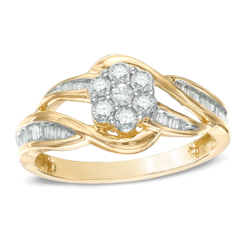 0.50 CT. T.W. Diamond Cluster Open Waves Ring in 10K Gold