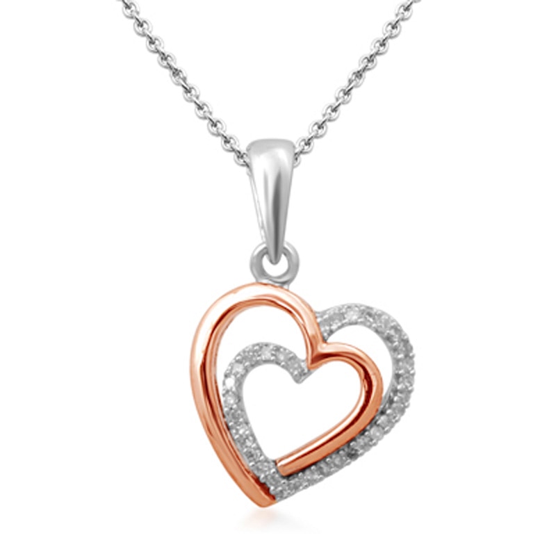 0.04 CT. T.W. Diamond Double Heart Pendant in Sterling Silver and 10K Rose Gold
