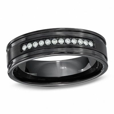 Men's 0.14 CT. T.W. Diamond Black Stainless Steel Wedding Band - Size 10