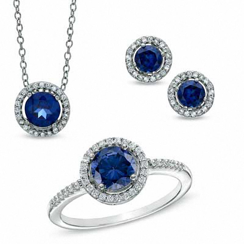 Main Image 1 of Lab-Created Blue and White Sapphire Pendant, Ring and Earrings Set in Sterling Silver - Size 7