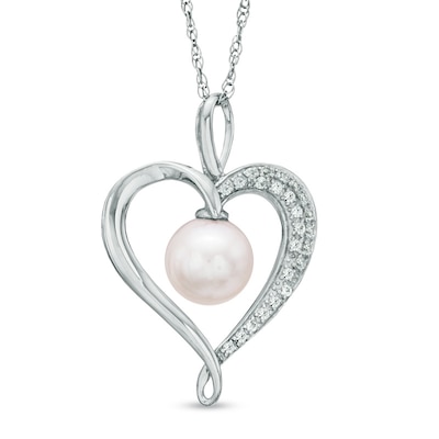 7.5-8.0mm Freshwater Cultured Pearl and Lab-Created White Sapphire Heart Pendant in Sterling Silver