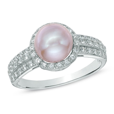 7.5-8.0mm Pink Freshwater Cultured Pearl and Lab-Created White Sapphire Ring in Sterling Silver