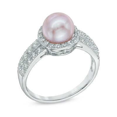 7.5-8.0mm Pink Freshwater Cultured Pearl and Lab-Created White Sapphire Ring in Sterling Silver