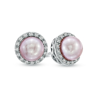 6.5-7.0mm Pink Freshwater Cultured Pearl and Lab-Created White Sapphire Stud Earrings in Sterling Silver