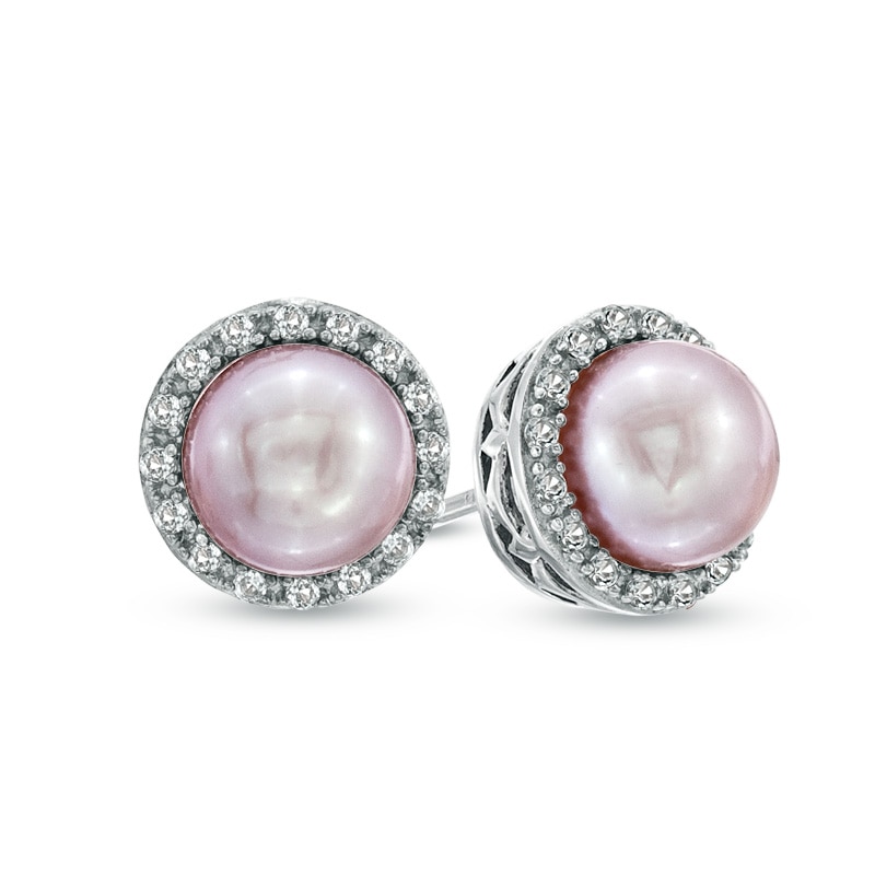 6.5-7.0mm Pink Freshwater Cultured Pearl and Lab-Created White Sapphire Stud Earrings in Sterling Silver
