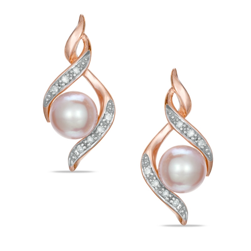 6.0-6.5mm Pink Freshwater Cultured Pearl and Diamond Accent Earrings in 10K Rose Gold|Peoples Jewellers