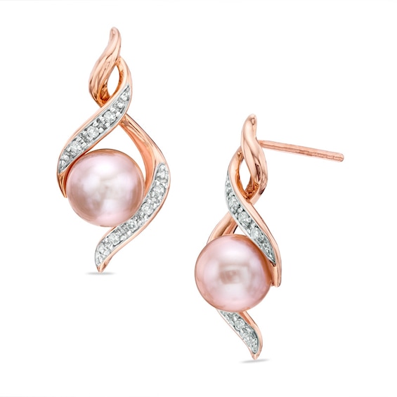 6.0-6.5mm Pink Freshwater Cultured Pearl and Diamond Accent Earrings in Sterling Silver with 14K Rose Gold Plate