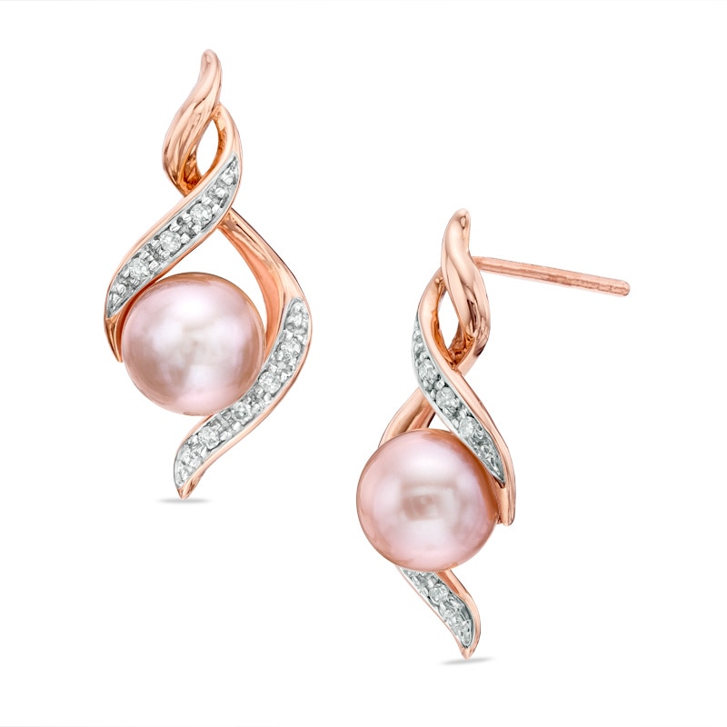 6.0-6.5mm Pink Freshwater Cultured Pearl and Diamond Accent Earrings in Sterling Silver with 14K Rose Gold Plate|Peoples Jewellers