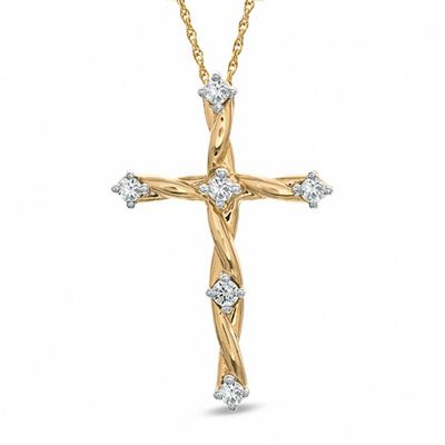 0.12 CT. T.W. Diamond Twine Cross Pendant in 10K Gold