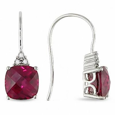 8.0mm Cushion-Cut Lab-Created Ruby and Diamond Accent Drop Earrings in 10K White Gold