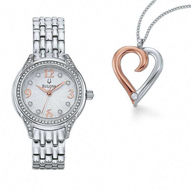 Ladies' Crystal Accent Bulova Watch and Heart Pendant Set (Model: 96X125)|Peoples Jewellers