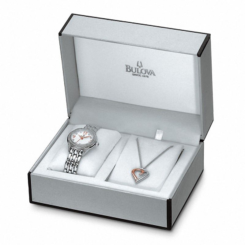 Main Image 2 of Ladies' Crystal Accent Bulova Watch and Heart Pendant Set (Model: 96X125)