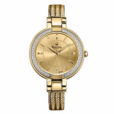 Ladies' Bulova Diamond Accent Gold-Tone Watch with Champagne Dial (Model: 98R195)