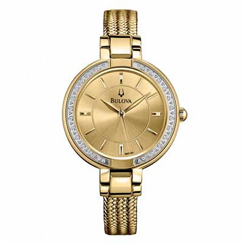 Ladies' Bulova Diamond Accent Gold-Tone Watch with Champagne Dial (Model: 98R195)|Peoples Jewellers