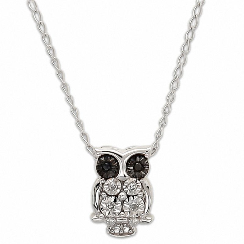 Main Image 1 of TEENYTINY™ Enhanced Black and White Diamond Accent Owl Pendant in Sterling Silver - 17&quot;