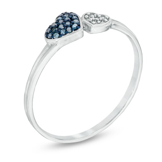 Enhanced Blue and White Diamond Accent Double Heart Ring in Sterling Silver