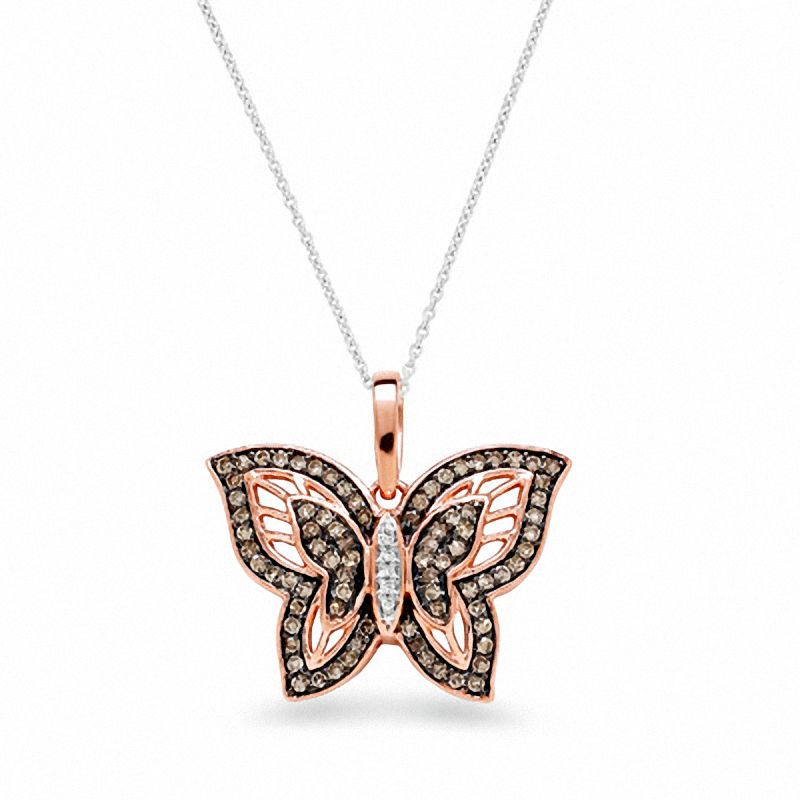 0.30 CT. T.W. Champagne and White Diamond Butterfly Pendant in 10K Rose Gold