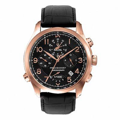 Men's Bulova Precisionist Wilton Chronograph Rose-Tone Strap Watch with Black Dial (Model: 97B122)