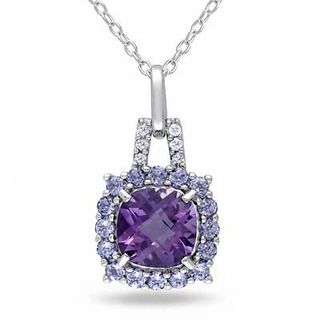 8.0mm Cushion-Cut Amethyst, Tanzanite and Diamond Accent Pendant in Sterling Silver