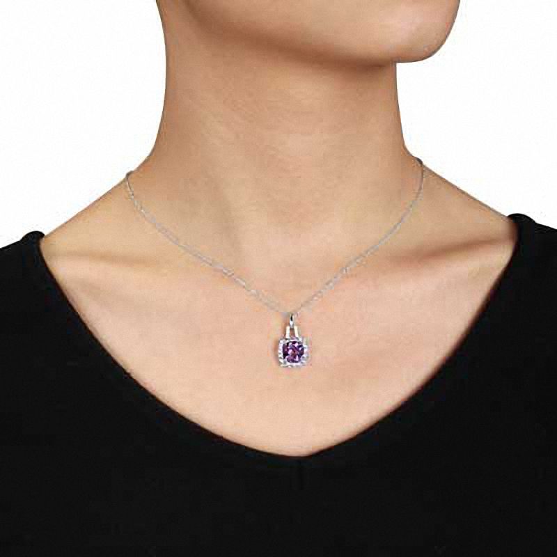 8.0mm Cushion-Cut Amethyst, Tanzanite and Diamond Accent Pendant in Sterling Silver