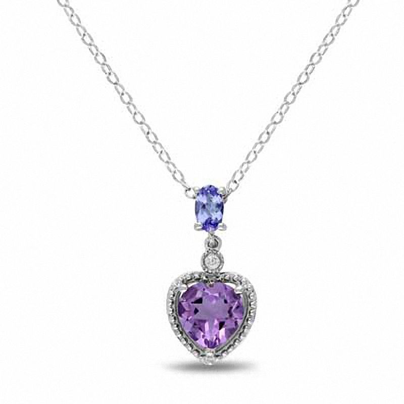 7.0mm Heart-Shaped Amethyst, Tanzanite and Diamond Accent Drop Pendant in Sterling Silver|Peoples Jewellers