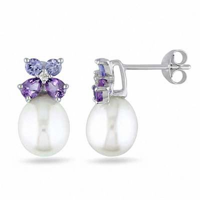 8.0-8.5mm Freshwater Cultured Pearl, Amethyst, Tanzanite and Diamond Accent Drop Earrings in Sterling Silver