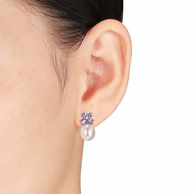 8.0-8.5mm Freshwater Cultured Pearl, Amethyst, Tanzanite and Diamond Accent Drop Earrings in Sterling Silver