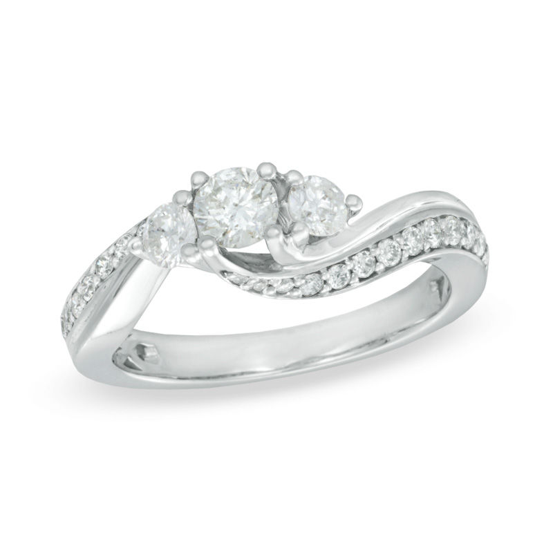 0.75 CT. T.W. Diamond Three Stone Swirl Engagement Ring in 14K White Gold