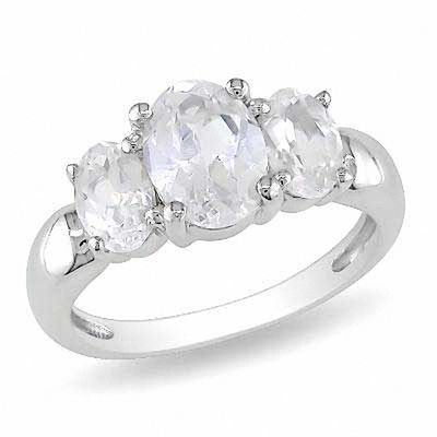 Oval White Lab-Created Sapphire Three Stone Ring in Sterling Silver