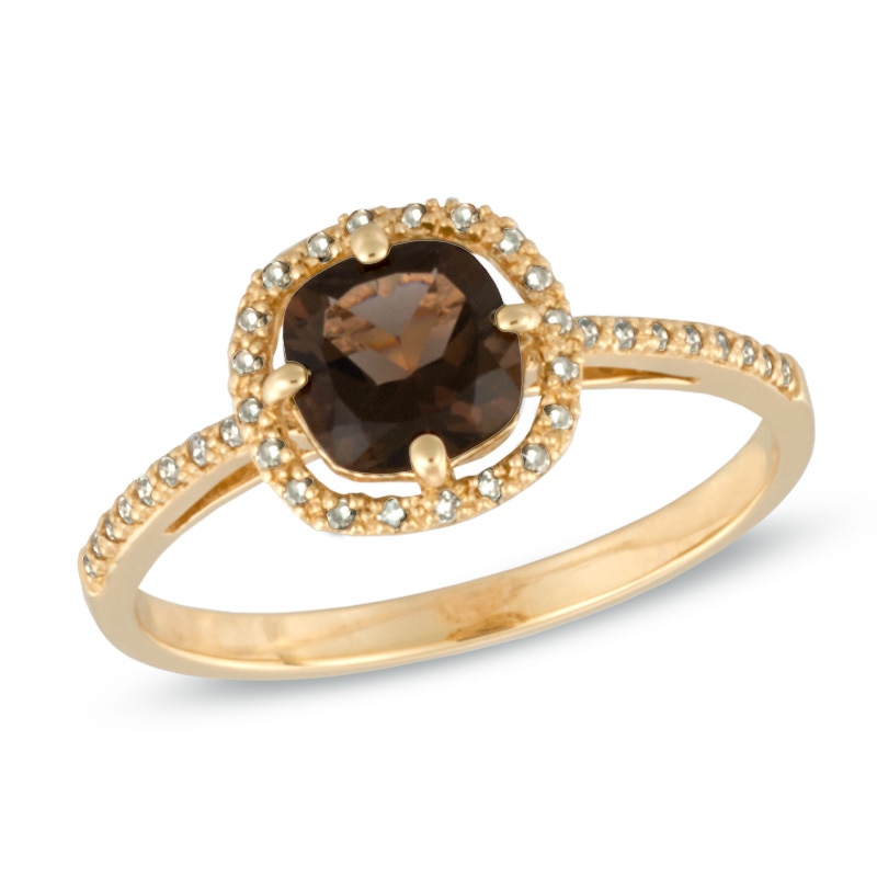 6.0mm Cushion-Cut Smoky Quartz and 0.11 CT. T.W. Enhanced Champagne Diamond Ring in 10K Gold