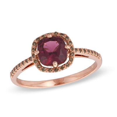 6.0mm Cushion-Cut Rhodolite Garnet and 0.11 CT. T.W. Champagne Diamond Ring in 10K Rose Gold