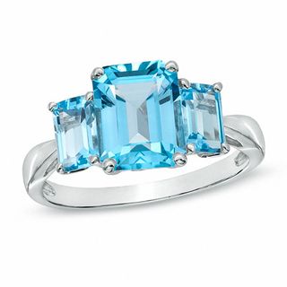 Emerald-Cut Swiss Blue Topaz Three Stone Ring in 10K White Gold