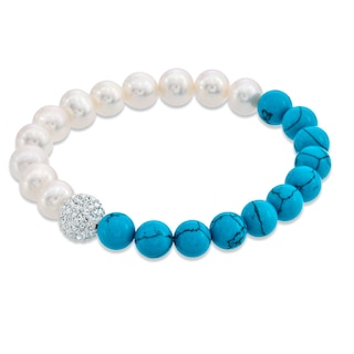 8.0 - 9.0mm Freshwater Pearl, Turquoise and Crystal Bracelet - 7.25"