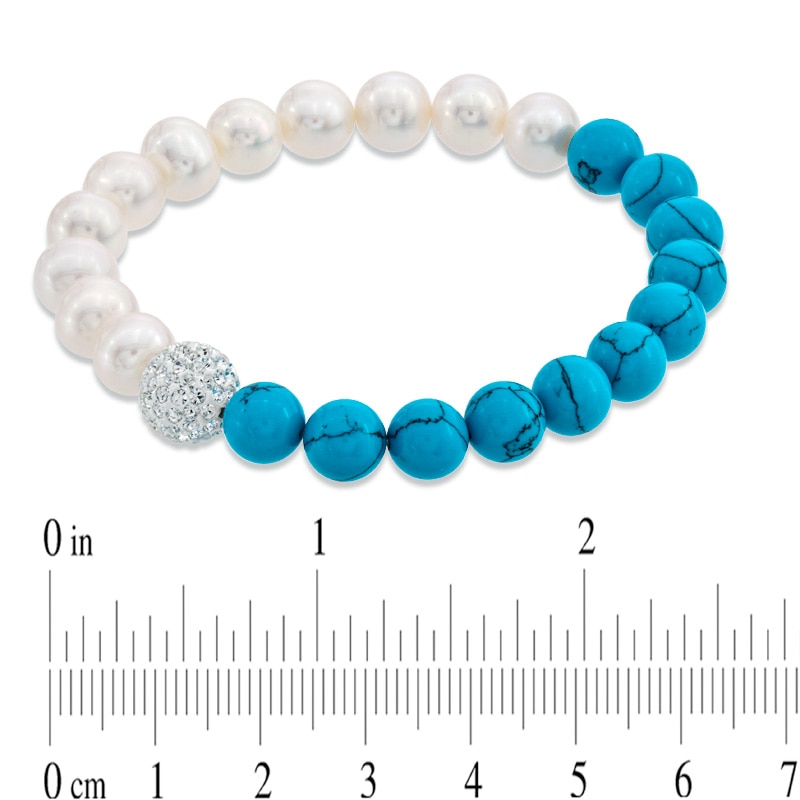 8.0 - 9.0mm Freshwater Pearl, Turquoise and Crystal Bracelet - 7.25"