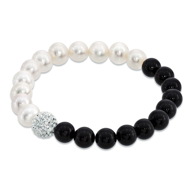 8.0 - 9.0mm Freshwater Pearl, Onyx and Crystal Bead Bracelet - 7.25"