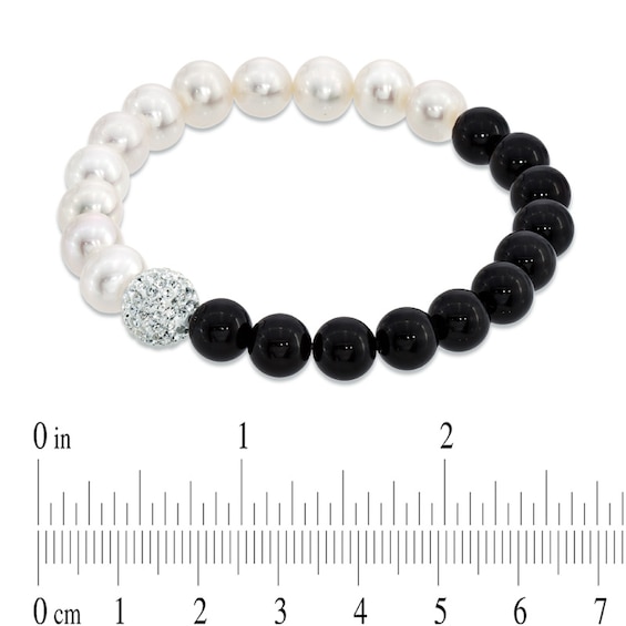 8.0 - 9.0mm Freshwater Pearl, Onyx and Crystal Bead Bracelet - 7.25"