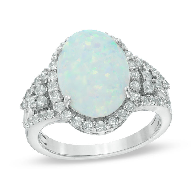 Oval Lab-Created Opal and White Sapphire Ring in Sterling Silver