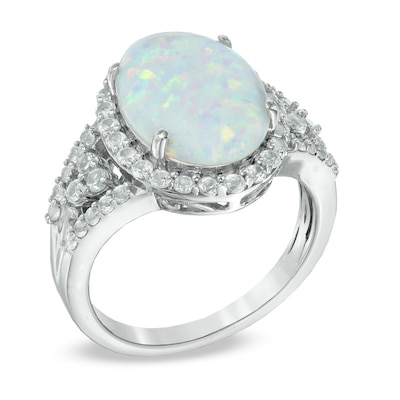 Oval Lab-Created Opal and White Sapphire Ring in Sterling Silver