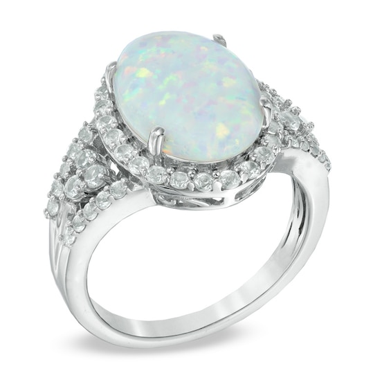 Oval Lab-Created Opal and White Sapphire Ring in Sterling Silver