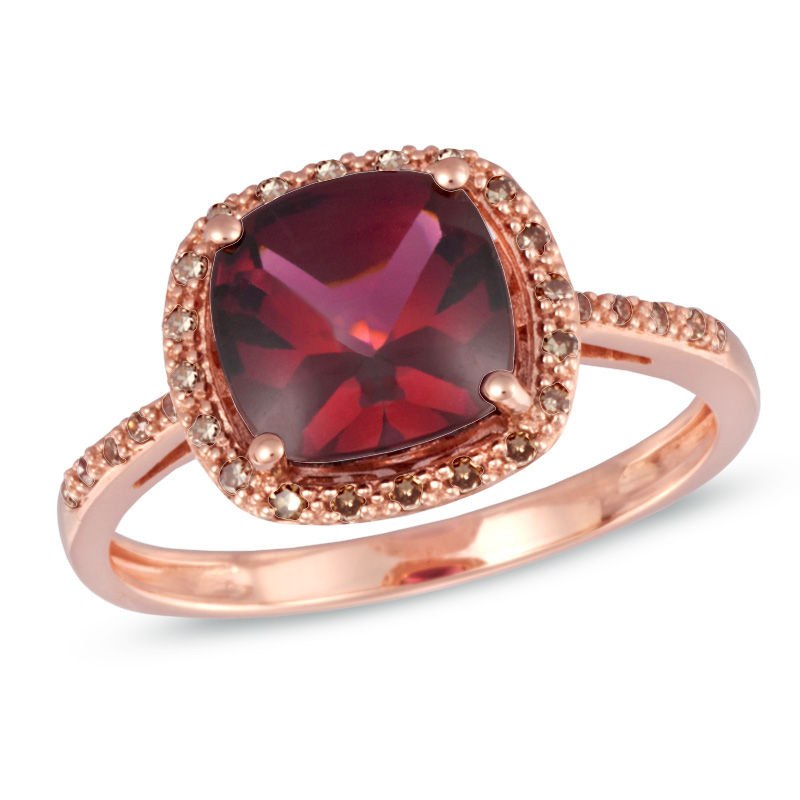 8.0mm Cushion-Cut Rhodolite Garnet and 0.13 CT. T.W. Enhanced Champagne  Diamond Ring in 10K Rose Gold