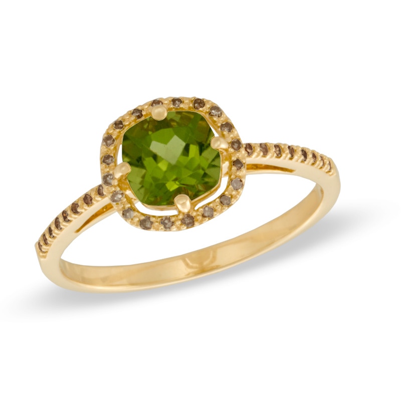 6.0mm Cushion-Cut Peridot and 0.11 CT. T.W. Enhanced Champagne Diamond Ring in 10K Gold|Peoples Jewellers