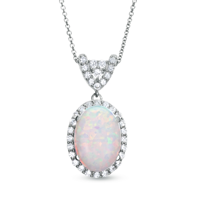 Oval Lab-Created Opal and White Sapphire Pendant in Sterling Silver ...