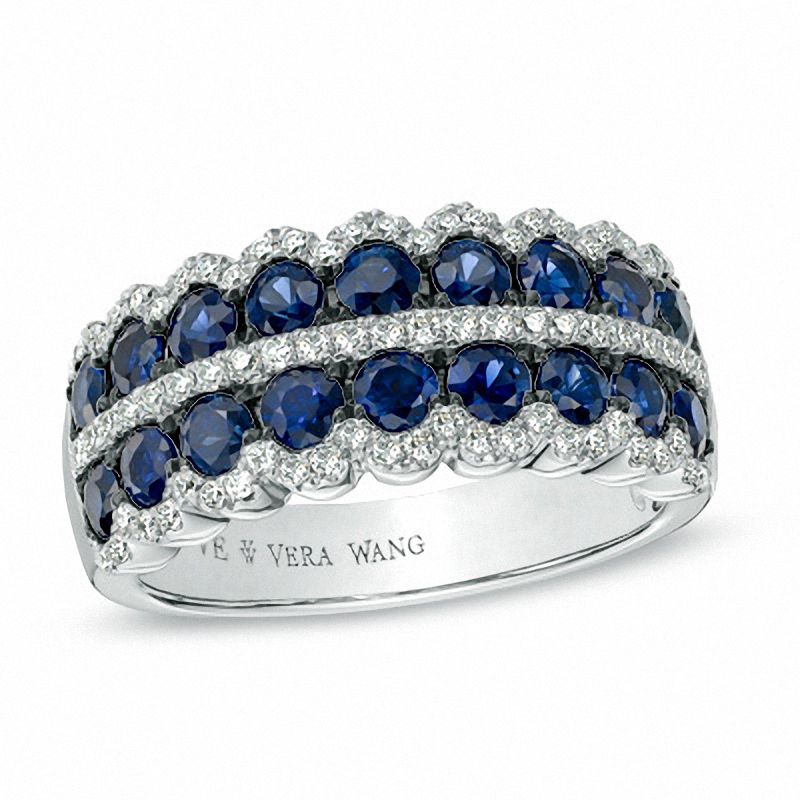 Vera Wang Love Collection Blue Sapphire and 0.30 CT. T.W. Diamond Double Row Anniversary Band in 14K White Gold