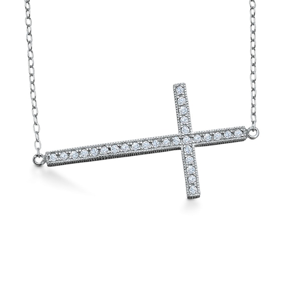 Lab-Created White Sapphire Sideways Cross Necklace in Sterling Silver